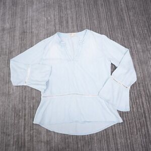 Cloth & Stone Blouse Womens XS Light Blue Excellent Bell Sleeve Crochet Trim
